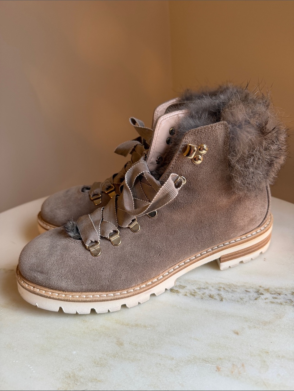 Agl Italian Taupe Suede Rabbit Fur-Trim Ankle Hiker Boots